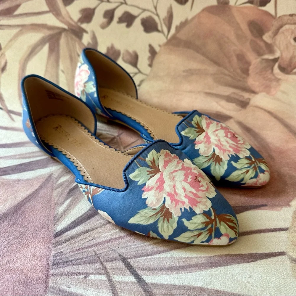 BOGO Restricted Blue Floral D'Orsay Flats with Pink White Blooms - Picture 2 of 4